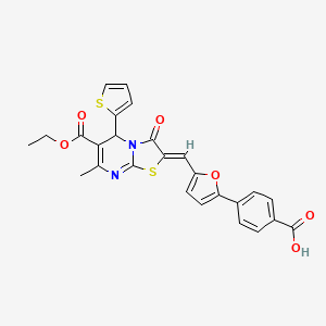 molecular formula C26H20N2O6S2 B11669356 4-(5-{(Z)-[6-(ethoxycarbonyl)-7-methyl-3-oxo-5-(thiophen-2-yl)-5H-[1,3]thiazolo[3,2-a]pyrimidin-2(3H)-ylidene]methyl}furan-2-yl)benzoic acid 