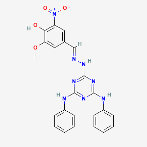 molecular formula C23H20N8O4 B11669433 4-[(E)-{2-[4,6-bis(phenylamino)-1,3,5-triazin-2-yl]hydrazinylidene}methyl]-2-methoxy-6-nitrophenol 