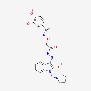 molecular formula C24H27N5O5 B11669597 2-({[(E)-(3,4-dimethoxyphenyl)methylidene]amino}oxy)-N'-[(3Z)-2-oxo-1-(pyrrolidin-1-ylmethyl)-1,2-dihydro-3H-indol-3-ylidene]acetohydrazide 