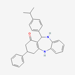 molecular formula C28H28N2O B11669600 6-(4-Isopropylphenyl)-9-phenyl-5,6,8,9,10,11-hexahydrobenzo[b][1,4]benzodiazepin-7-one 