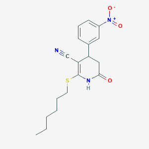 molecular formula C18H21N3O3S B11669644 2-(Hexylsulfanyl)-4-(3-nitrophenyl)-6-oxo-1,4,5,6-tetrahydropyridine-3-carbonitrile 