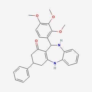 molecular formula C28H28N2O4 B11669719 3-phenyl-11-(2,3,4-trimethoxyphenyl)-2,3,4,5,10,11-hexahydro-1H-dibenzo[b,e][1,4]diazepin-1-one 