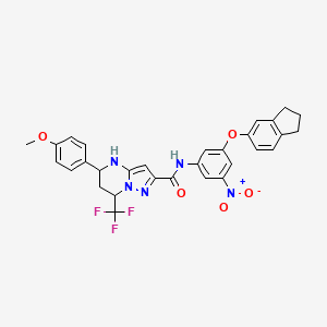 molecular formula C30H26F3N5O5 B11669950 N-[3-(2,3-dihydro-1H-inden-5-yloxy)-5-nitrophenyl]-5-(4-methoxyphenyl)-7-(trifluoromethyl)-4,5,6,7-tetrahydropyrazolo[1,5-a]pyrimidine-2-carboxamide 