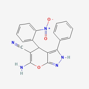 molecular formula C19H13N5O3 B11670017 6-Amino-4-(2-nitrophenyl)-3-phenyl-1,4-dihydropyrano[2,3-c]pyrazole-5-carbonitrile 