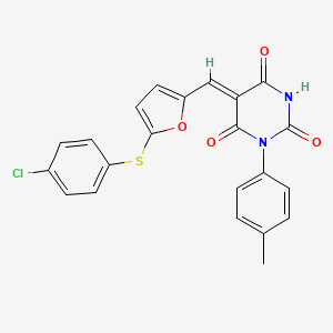 (5Z)-5-({5-[(4-chlorophenyl)sulfanyl]furan-2-yl}methylidene)-1-(4-methylphenyl)pyrimidine-2,4,6(1H,3H,5H)-trione