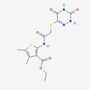 molecular formula C14H16N4O5S2 B11670661 Ethyl 2-({[(3,5-dioxo-2,3,4,5-tetrahydro-1,2,4-triazin-6-yl)sulfanyl]acetyl}amino)-4,5-dimethylthiophene-3-carboxylate 