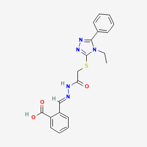 molecular formula C20H19N5O3S B11670749 2-[(E)-({[(4-ethyl-5-phenyl-4H-1,2,4-triazol-3-yl)thio]acetyl}hydrazono)methyl]benzoic acid 