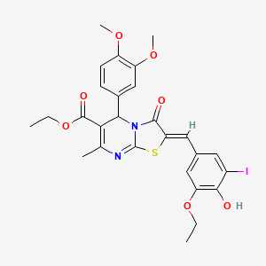 molecular formula C27H27IN2O7S B11670957 ethyl (2Z)-5-(3,4-dimethoxyphenyl)-2-(3-ethoxy-4-hydroxy-5-iodobenzylidene)-7-methyl-3-oxo-2,3-dihydro-5H-[1,3]thiazolo[3,2-a]pyrimidine-6-carboxylate 