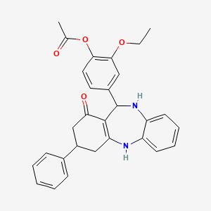 molecular formula C29H28N2O4 B11671111 2-ethoxy-4-(1-oxo-3-phenyl-2,3,4,5,10,11-hexahydro-1H-dibenzo[b,e][1,4]diazepin-11-yl)phenyl acetate 