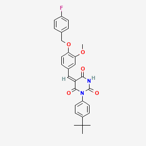 molecular formula C29H27FN2O5 B11671341 (5E)-1-(4-Tert-butylphenyl)-5-({4-[(4-fluorophenyl)methoxy]-3-methoxyphenyl}methylidene)-1,3-diazinane-2,4,6-trione 