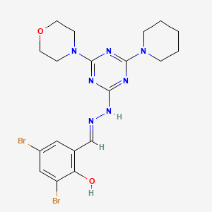 molecular formula C19H23Br2N7O2 B11671437 2,4-dibromo-6-[(E)-{2-[4-(morpholin-4-yl)-6-(piperidin-1-yl)-1,3,5-triazin-2-yl]hydrazinylidene}methyl]phenol 