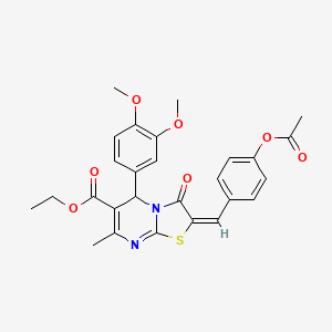 molecular formula C27H26N2O7S B11671656 ethyl (2E)-2-[4-(acetyloxy)benzylidene]-5-(3,4-dimethoxyphenyl)-7-methyl-3-oxo-2,3-dihydro-5H-[1,3]thiazolo[3,2-a]pyrimidine-6-carboxylate 