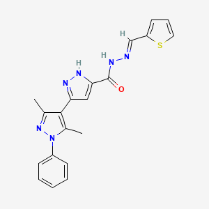 molecular formula C20H18N6OS B11671718 (E)-3',5'-Dimethyl-1'-phenyl-N'-(thiophen-2-ylmethylene)-1H,1'H-3,4'-bipyrazole-5-carbohydrazide 