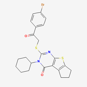 molecular formula C23H23BrN2O2S2 B11671771 2-{[2-(4-bromophenyl)-2-oxoethyl]sulfanyl}-3-cyclohexyl-3,5,6,7-tetrahydro-4H-cyclopenta[4,5]thieno[2,3-d]pyrimidin-4-one CAS No. 351342-09-1