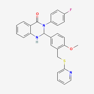 molecular formula C27H22FN3O2S B11671782 3-(4-Fluoro-phenyl)-2-[4-methoxy-3-(pyridin-2-ylsulfanylmethyl)-phenyl]-2,3-dihydro-1H-quinazolin-4-one 