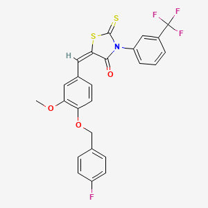 molecular formula C25H17F4NO3S2 B11671795 (5E)-5-({4-[(4-Fluorophenyl)methoxy]-3-methoxyphenyl}methylidene)-2-sulfanylidene-3-[3-(trifluoromethyl)phenyl]-1,3-thiazolidin-4-one 