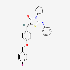 molecular formula C28H25FN2O2S B11671814 (2E,5Z)-3-Cyclopentyl-5-({4-[(4-fluorophenyl)methoxy]phenyl}methylidene)-2-(phenylimino)-1,3-thiazolidin-4-one 