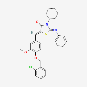 molecular formula C30H29ClN2O3S B11672029 (2E,5Z)-5-({4-[(2-Chlorophenyl)methoxy]-3-methoxyphenyl}methylidene)-3-cyclohexyl-2-(phenylimino)-1,3-thiazolidin-4-one 