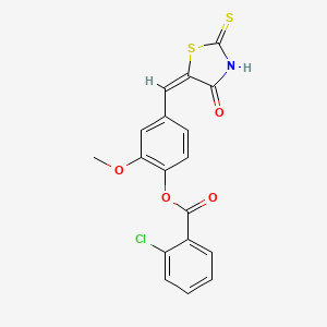 molecular formula C18H12ClNO4S2 B11672466 2-methoxy-4-[(E)-(4-oxo-2-thioxo-1,3-thiazolidin-5-ylidene)methyl]phenyl 2-chlorobenzoate 