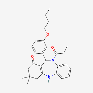 molecular formula C28H34N2O3 B11672535 11-(3-butoxyphenyl)-3,3-dimethyl-10-propanoyl-2,3,4,5,10,11-hexahydro-1H-dibenzo[b,e][1,4]diazepin-1-one 