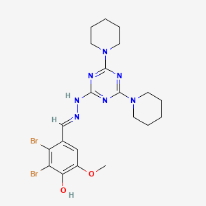 molecular formula C21H27Br2N7O2 B11672752 2,3-dibromo-4-[(E)-{2-[4,6-di(piperidin-1-yl)-1,3,5-triazin-2-yl]hydrazinylidene}methyl]-6-methoxyphenol 