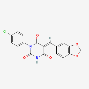 molecular formula C18H11ClN2O5 B11672956 (5E)-5-(1,3-benzodioxol-5-ylmethylidene)-1-(4-chlorophenyl)pyrimidine-2,4,6(1H,3H,5H)-trione 