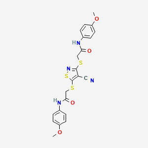 2-[(4-cyano-3-{[2-(4-methoxyanilino)-2-oxoethyl]sulfanyl}-5-isothiazolyl)sulfanyl]-N-(4-methoxyphenyl)acetamide