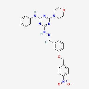 molecular formula C27H26N8O4 B11673339 4-(morpholin-4-yl)-6-[(2E)-2-{3-[(4-nitrobenzyl)oxy]benzylidene}hydrazinyl]-N-phenyl-1,3,5-triazin-2-amine 