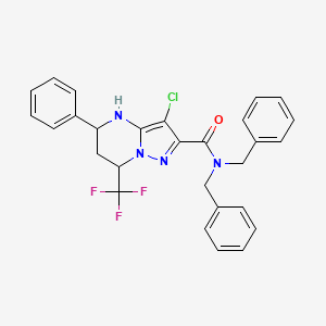 molecular formula C28H24ClF3N4O B11673509 N,N-dibenzyl-3-chloro-5-phenyl-7-(trifluoromethyl)-4,5,6,7-tetrahydropyrazolo[1,5-a]pyrimidine-2-carboxamide 