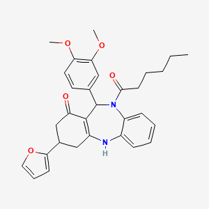 11-(3,4-dimethoxyphenyl)-3-(furan-2-yl)-10-hexanoyl-2,3,4,5,10,11-hexahydro-1H-dibenzo[b,e][1,4]diazepin-1-one