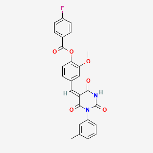 molecular formula C26H19FN2O6 B11673673 2-methoxy-4-{(E)-[1-(3-methylphenyl)-2,4,6-trioxotetrahydropyrimidin-5(2H)-ylidene]methyl}phenyl 4-fluorobenzoate 