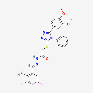 molecular formula C25H21I2N5O4S B11674124 2-{[5-(3,4-dimethoxyphenyl)-4-phenyl-4H-1,2,4-triazol-3-yl]sulfanyl}-N'-[(E)-(2-hydroxy-3,5-diiodophenyl)methylidene]acetohydrazide 