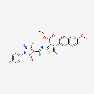 molecular formula C31H29N3O4S B11674602 ethyl 4-(6-methoxynaphthalen-2-yl)-5-methyl-2-({(E)-[3-methyl-1-(4-methylphenyl)-5-oxo-1,5-dihydro-4H-pyrazol-4-ylidene]methyl}amino)thiophene-3-carboxylate 