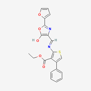 molecular formula C21H16N2O5S B11674787 ethyl 2-({(E)-[2-(furan-2-yl)-5-oxo-1,3-oxazol-4(5H)-ylidene]methyl}amino)-4-phenylthiophene-3-carboxylate 