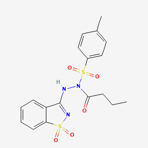 molecular formula C18H19N3O5S2 B11674878 N'-(1,1-dioxido-1,2-benzothiazol-3-yl)-N-[(4-methylphenyl)sulfonyl]butanehydrazide 