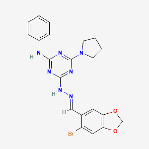 4-{(2E)-2-[(6-bromo-1,3-benzodioxol-5-yl)methylidene]hydrazinyl}-N-phenyl-6-(pyrrolidin-1-yl)-1,3,5-triazin-2-amine