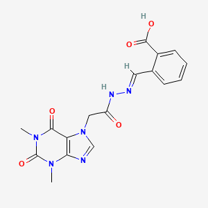 molecular formula C17H16N6O5 B11675128 2-[(E)-{2-[(1,3-dimethyl-2,6-dioxo-1,2,3,6-tetrahydro-7H-purin-7-yl)acetyl]hydrazinylidene}methyl]benzoic acid 