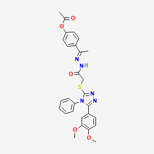 molecular formula C28H27N5O5S B11675475 4-{(1E)-1-[2-({[5-(3,4-dimethoxyphenyl)-4-phenyl-4H-1,2,4-triazol-3-yl]sulfanyl}acetyl)hydrazinylidene]ethyl}phenyl acetate 