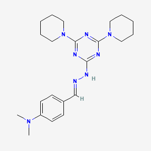 molecular formula C22H32N8 B11675486 4-[(E)-{2-[4,6-di(piperidin-1-yl)-1,3,5-triazin-2-yl]hydrazinylidene}methyl]-N,N-dimethylaniline 