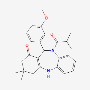 molecular formula C26H30N2O3 B11676009 1-[1-hydroxy-11-(3-methoxyphenyl)-3,3-dimethyl-2,3,4,11-tetrahydro-10H-dibenzo[b,e][1,4]diazepin-10-yl]-2-methylpropan-1-one 