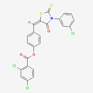 molecular formula C23H12Cl3NO3S2 B11676188 4-{(E)-[3-(3-chlorophenyl)-4-oxo-2-thioxo-1,3-thiazolidin-5-ylidene]methyl}phenyl 2,4-dichlorobenzoate 