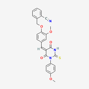 molecular formula C27H21N3O5S B11676192 2-[(2-methoxy-4-{(E)-[1-(4-methoxyphenyl)-4,6-dioxo-2-thioxotetrahydropyrimidin-5(2H)-ylidene]methyl}phenoxy)methyl]benzonitrile 