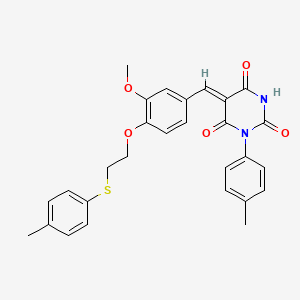 molecular formula C28H26N2O5S B11676251 (5Z)-5-(3-methoxy-4-{2-[(4-methylphenyl)sulfanyl]ethoxy}benzylidene)-1-(4-methylphenyl)pyrimidine-2,4,6(1H,3H,5H)-trione 