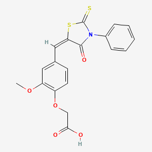 molecular formula C19H15NO5S2 B11676313 {2-methoxy-4-[(E)-(4-oxo-3-phenyl-2-thioxo-1,3-thiazolidin-5-ylidene)methyl]phenoxy}acetic acid 