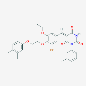 molecular formula C30H29BrN2O6 B11676397 (5Z)-5-{3-bromo-4-[2-(3,4-dimethylphenoxy)ethoxy]-5-ethoxybenzylidene}-1-(3-methylphenyl)pyrimidine-2,4,6(1H,3H,5H)-trione 