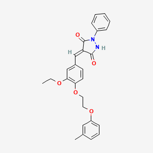 molecular formula C27H26N2O5 B11676403 (4E)-4-{3-ethoxy-4-[2-(3-methylphenoxy)ethoxy]benzylidene}-1-phenylpyrazolidine-3,5-dione 