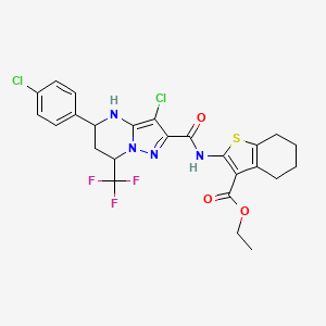 molecular formula C25H23Cl2F3N4O3S B11676439 Ethyl 2-({[3-chloro-5-(4-chlorophenyl)-7-(trifluoromethyl)-4,5,6,7-tetrahydropyrazolo[1,5-a]pyrimidin-2-yl]carbonyl}amino)-4,5,6,7-tetrahydro-1-benzothiophene-3-carboxylate 