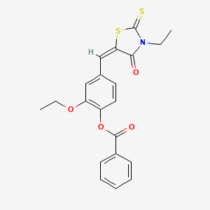 molecular formula C21H19NO4S2 B11676469 2-ethoxy-4-[(E)-(3-ethyl-4-oxo-2-thioxo-1,3-thiazolidin-5-ylidene)methyl]phenyl benzoate 