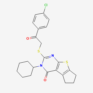 molecular formula C23H23ClN2O2S2 B11676515 2-{[2-(4-chlorophenyl)-2-oxoethyl]sulfanyl}-3-cyclohexyl-3,5,6,7-tetrahydro-4H-cyclopenta[4,5]thieno[2,3-d]pyrimidin-4-one 