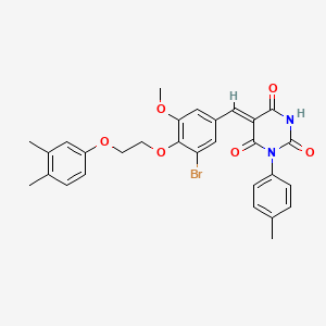 molecular formula C29H27BrN2O6 B11676524 (5Z)-5-({3-Bromo-4-[2-(3,4-dimethylphenoxy)ethoxy]-5-methoxyphenyl}methylidene)-1-(4-methylphenyl)-1,3-diazinane-2,4,6-trione 